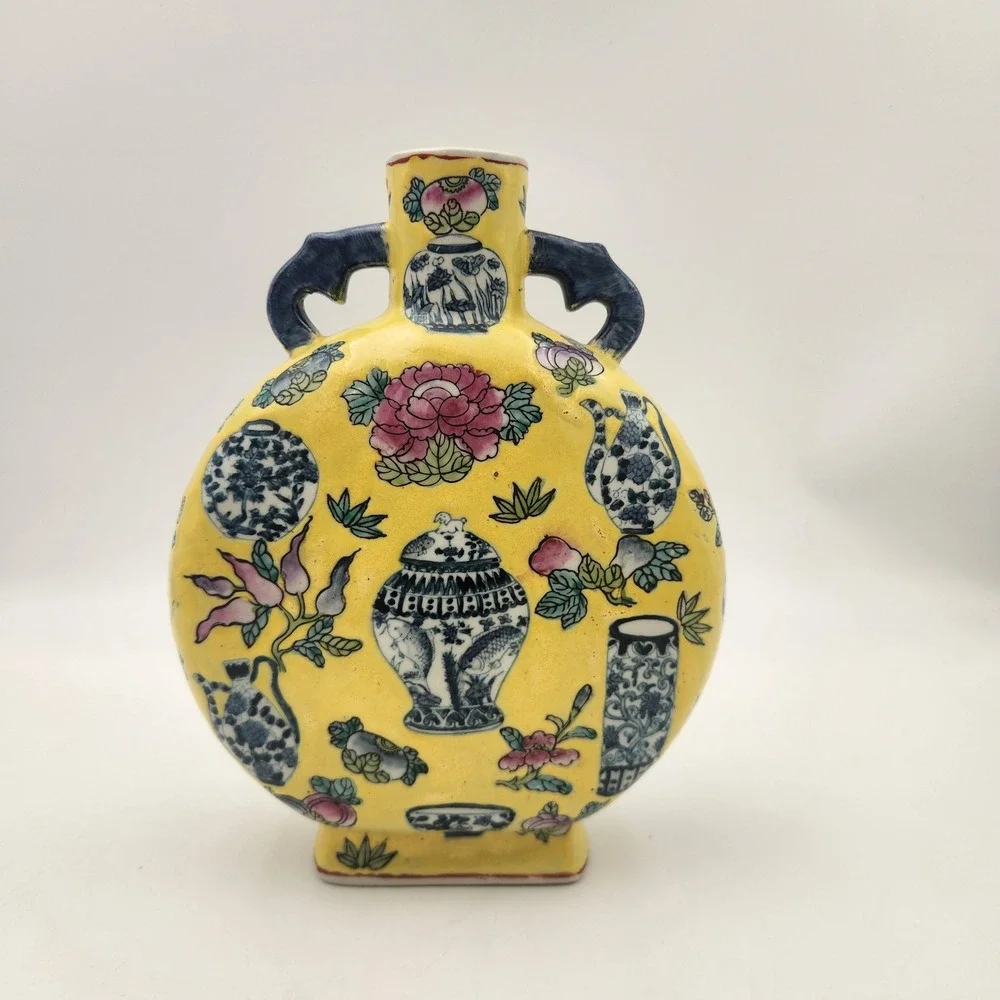 Chinese Yellow Ground Moonflask Vase Blue White Vessel Floral Design Seal Mark
